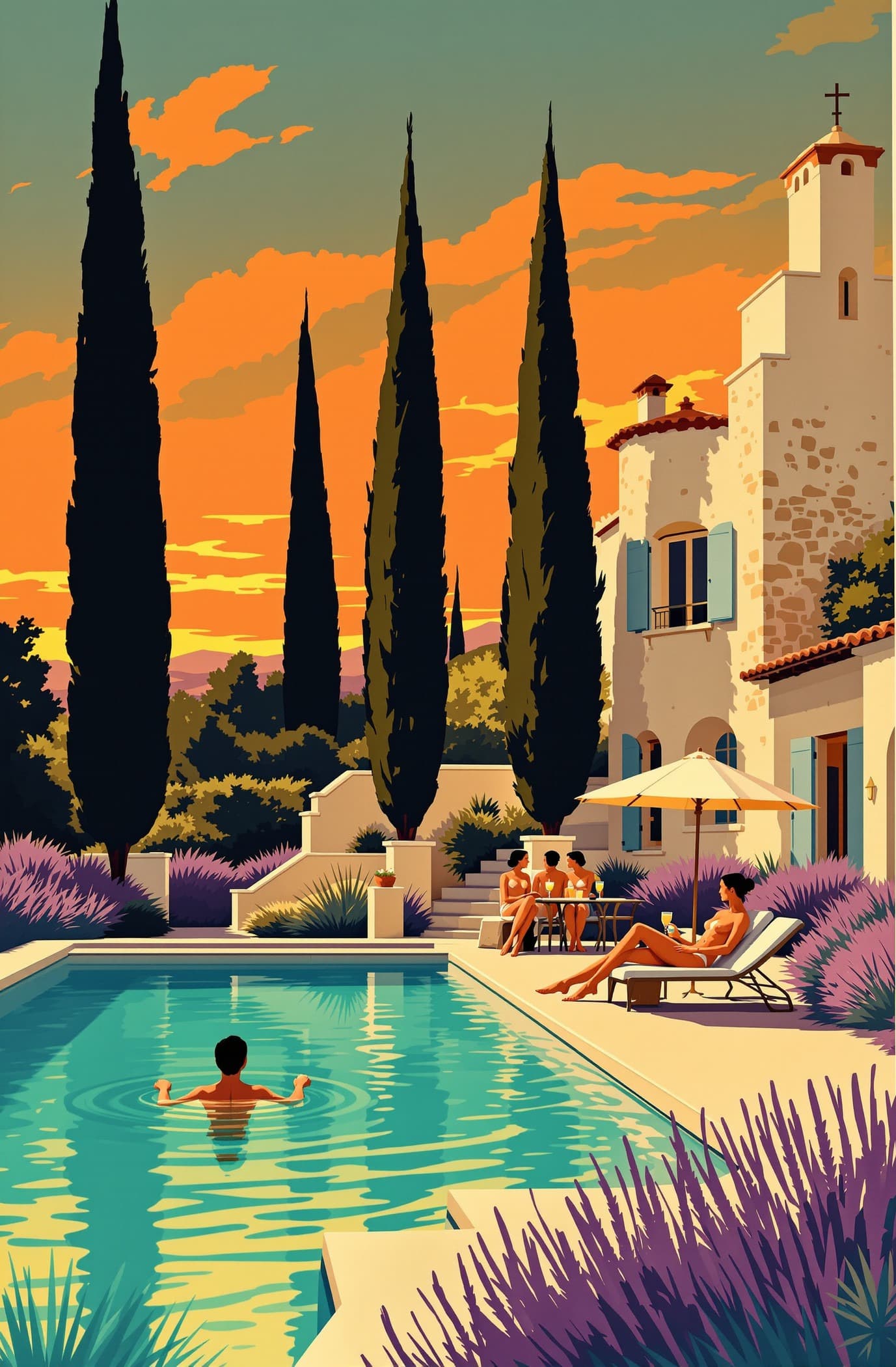 Affiche Art Déco d'une villa provençale, encadrée sur un mur